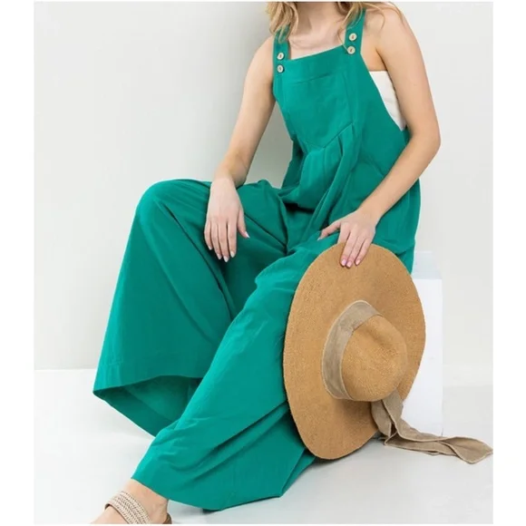 019 Teal Green Linen Button Wide Leg Jumpsuit - Picture 4 of 4